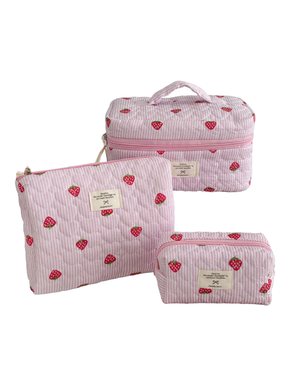 Roze make-up- en toiletartikelenetui met aardbeienmotief en strepen, 3-delige set voor dames Roze make-up- en toilettas met aardbeienmotief en strepen, 3-delige set voor dames