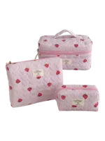 Neceser de maquillaje con rayas y estampado de fresas en color rosa para mujer, juego de 3 piezas para mujer Neceser de maquillaje con rayas y estampado de fresas en color rosa para mujer, juego de 3 piezas para mujer