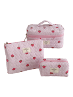 Pink Strawberry-Print Striped Makeup Pouch Set for Women (3-Piece Set) Pink Strawberry-Print Striped Makeup Pouch Set for Women (3-Piece Set)
