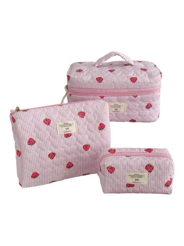Borsa da toilette con motivo a strisce e fragole, color rosa, per donna – set da 3 pezzi per donna
