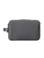 Practical, multi-compartment toiletry bag with internal pouches and elastic bands, made of soft gray fabric, for travel and everyday use Practical multi-compartment toiletries bag with pouches and internal elastic bands, made of soft gray fabric, for travel and everyday use