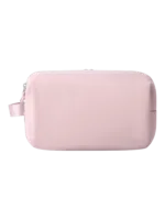 Trousse de toilette pratique multi compartiments avec pochettes et élastiques internes en tissu rose pour voyage et découverte