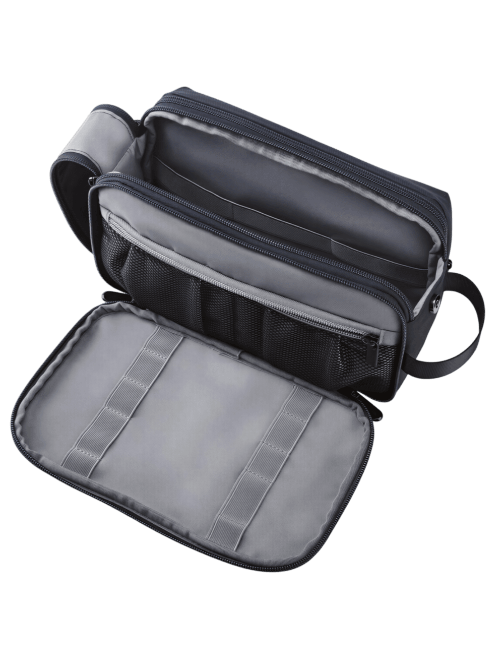 Práctico neceser de aseo con múltiples compartimentos, bolsillos y gomas elásticas internas, de color gris, ideal para viajar y como organizador de cosméticos Práctico neceser de aseo con múltiples compartimentos, bolsillos y gomas elásticas internas, de color gris, ideal para viajar y como organizador de cosméticos
