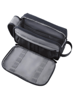 Practical, multi-compartment gray toiletry bag with internal pouches and elastic bands for travel—also serves as a beauty organizer Practical, multi-compartment gray travel toiletries bag with internal pouches and elastic bands, designed as a beauty organizer