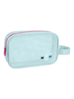 Trousse de toilette et maquillage en maille semi transparente pour femme avec sangle rouge et logo blanc sécurisé