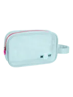Trousse de toilette et maquillage en maille semi transparente pour femme avec sangle rouge et logo blanc sécurisé