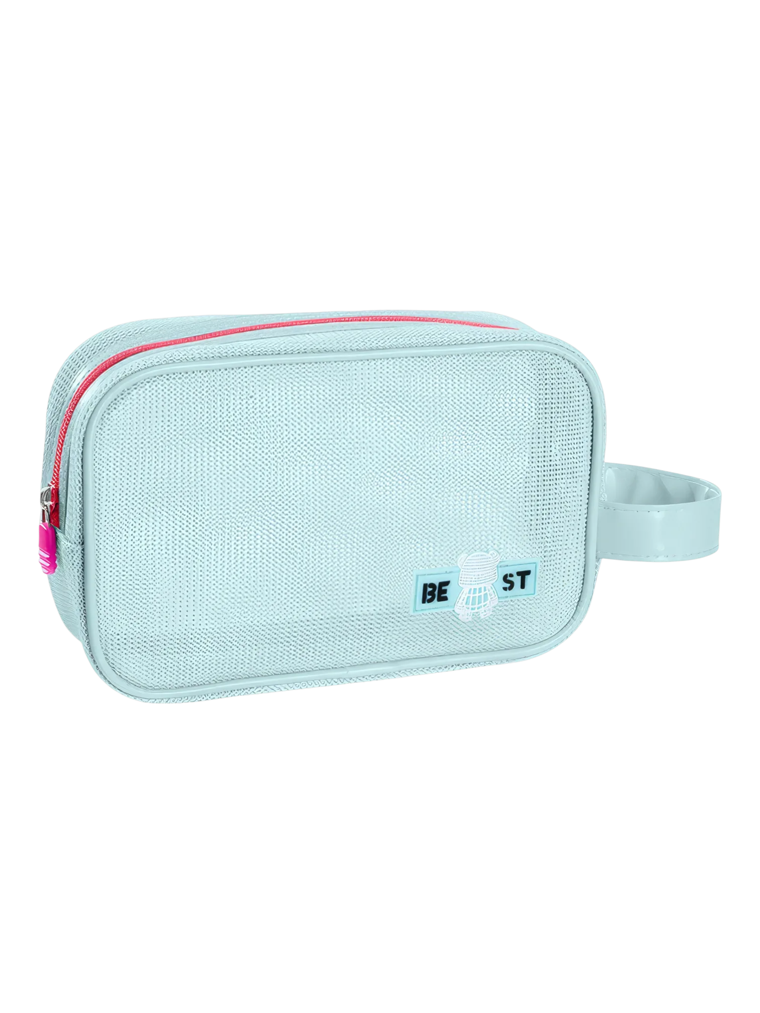 Trousse de toilette et maquillage en maille semi transparente pour femme avec sangle rouge et logo blanc sécurisé