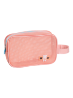 Trousse de toilette et maquillage en maille semi transparente pour femme couleur pêche style mignon et pratique