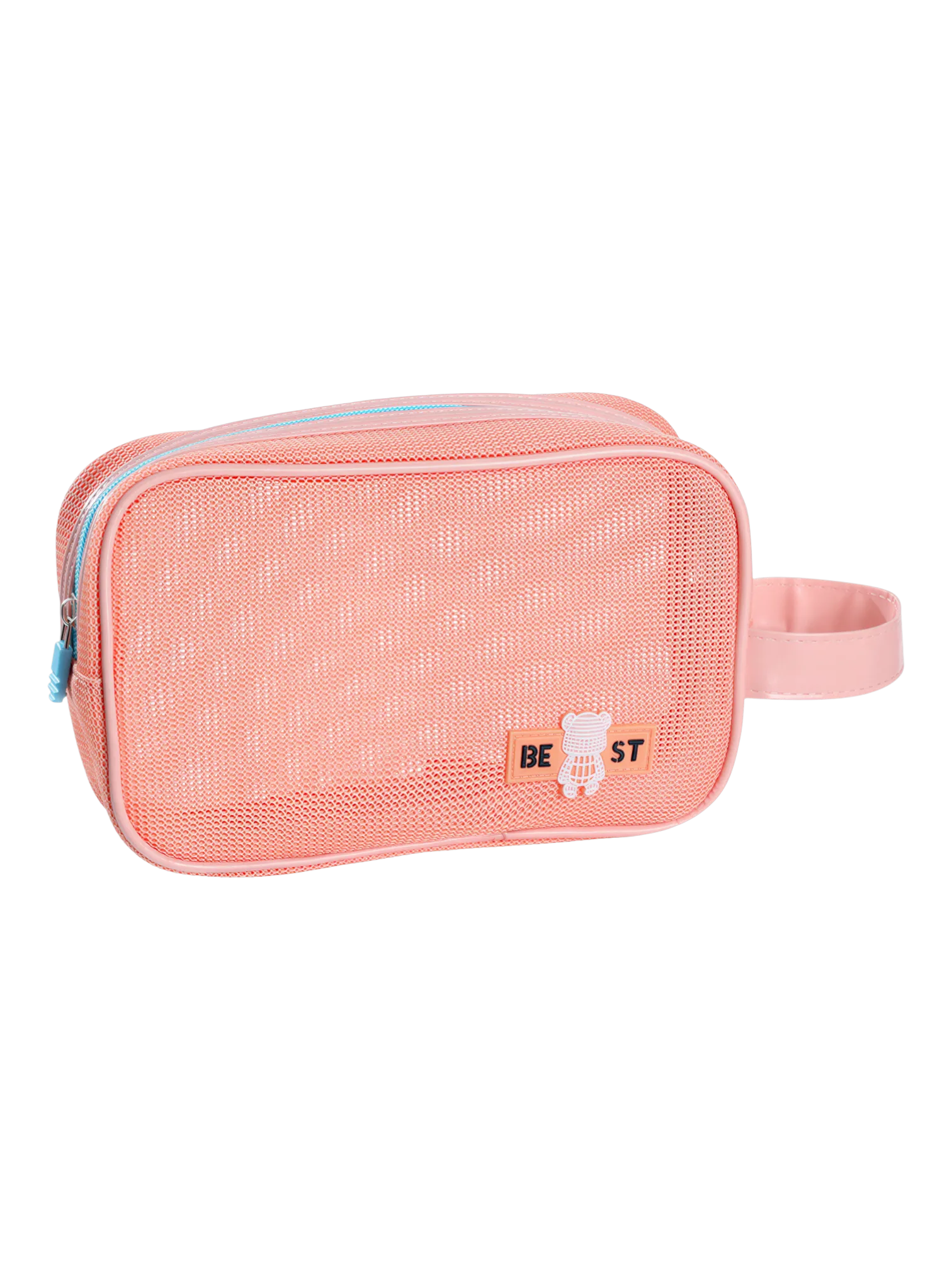 Trousse de toilette et maquillage en maille semi transparente pour femme couleur pêche style mignon et pratique