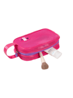 Trousse de toilette et maquillage en maille semi transparente pour femme en rose avec brosse à maquillage et soins de peau