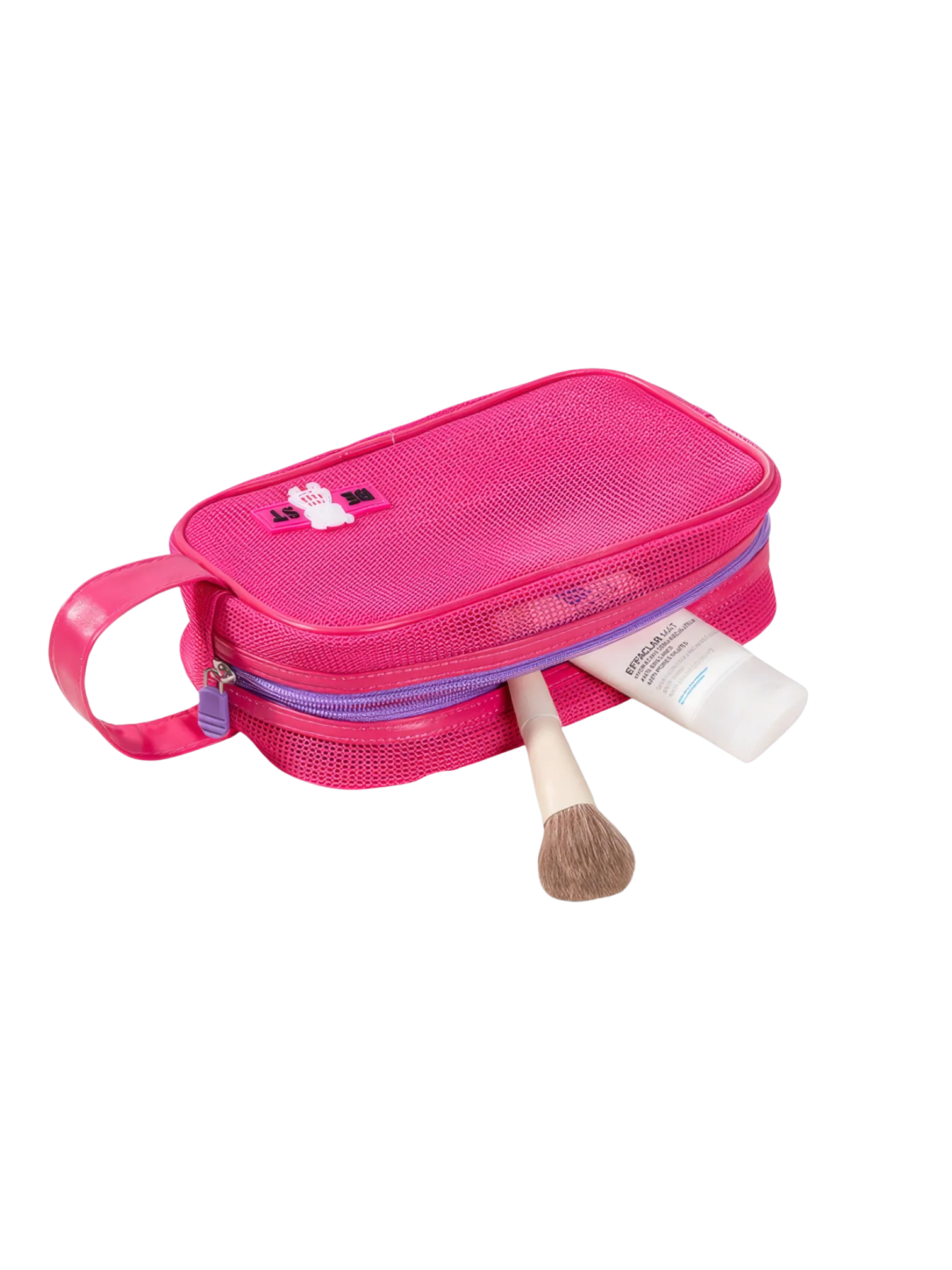 Trousse de toilette et maquillage en maille semi transparente pour femme en rose avec brosse à maquillage et soins de peau