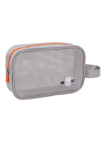 Trousse de toilette et maquillage en maille semi transparente pour femme grise avec zip orange pour voyage