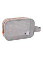 Trousse de toilette et maquillage en maille semi transparente pour femme grise avec zip orange pour voyage