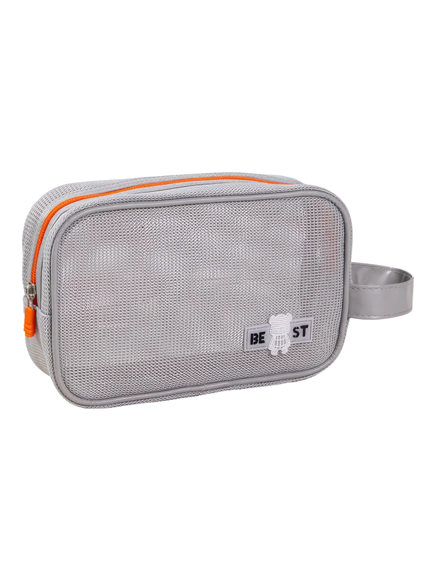 Trousse de toilette et maquillage en maille semi transparente pour femme grise avec zip orange pour voyage