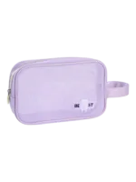Trousse de toilette et maquillage en maille semi transparente pour femme lilas avec poignée et détails élégants Trousse de toilette et maquillage en maille semi transparente pour femme lilas avec poignée et détails élégants