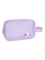 Trousse de toilette et maquillage en maille semi transparente pour femme lilas avec poignée et détails élégants Trousse de toilette et maquillage en maille semi transparente pour femme lilas avec poignée et détails élégants