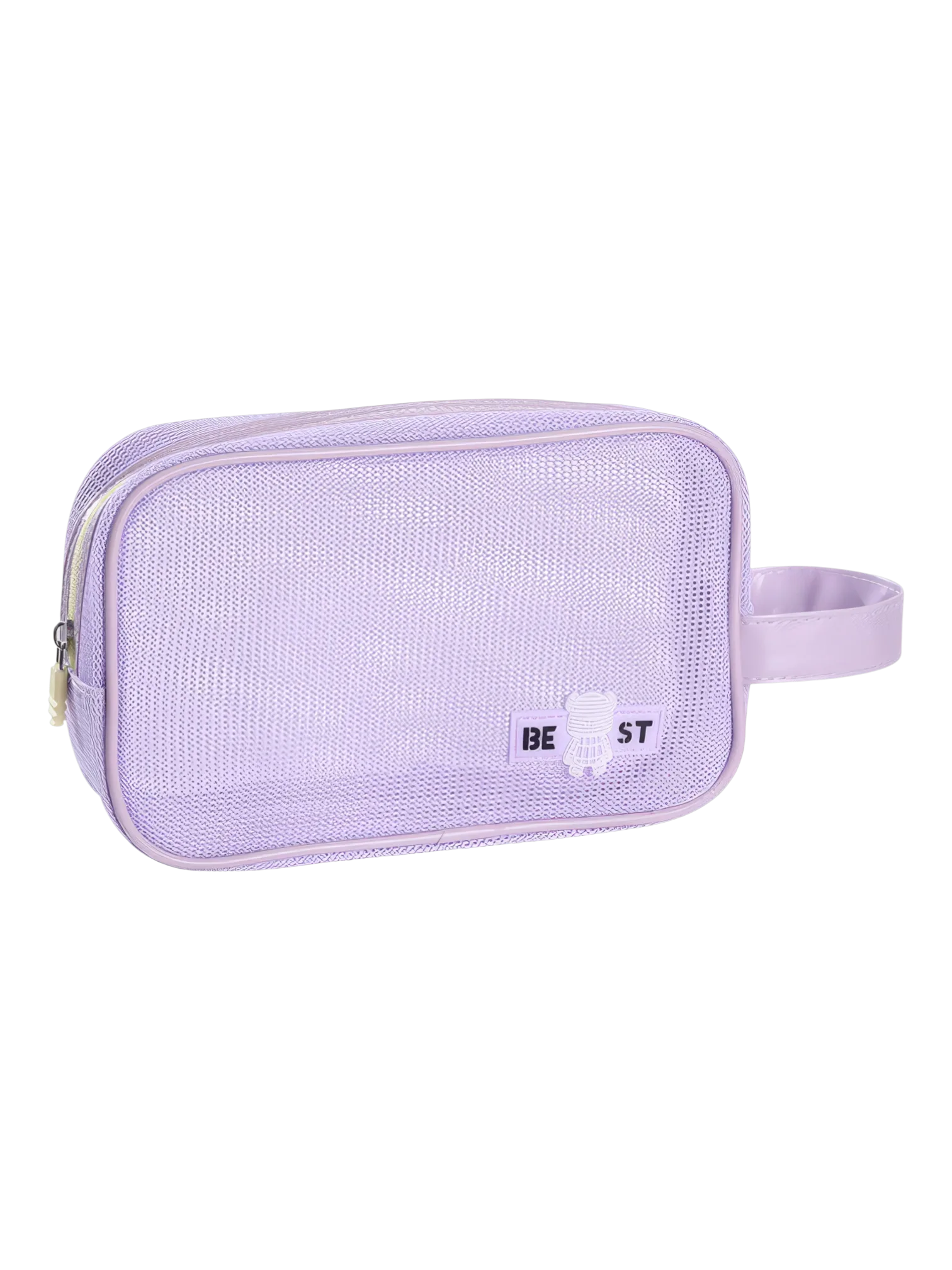 Trousse de toilette et maquillage en maille semi transparente pour femme lilas avec poignée et détails élégants