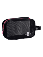 Trousse de toilette et maquillage en maille semi transparente pour femme noire avec poignée et décalcomanie ourson compacte