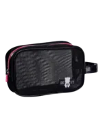 Trousse de toilette et maquillage en maille semi transparente pour femme noire avec poignée et décalcomanie ourson compacte