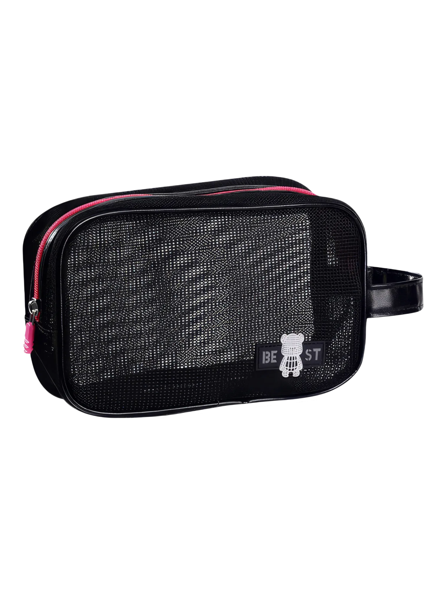 Trousse de toilette et maquillage en maille semi transparente pour femme noire avec poignée et décalcomanie ourson compacte