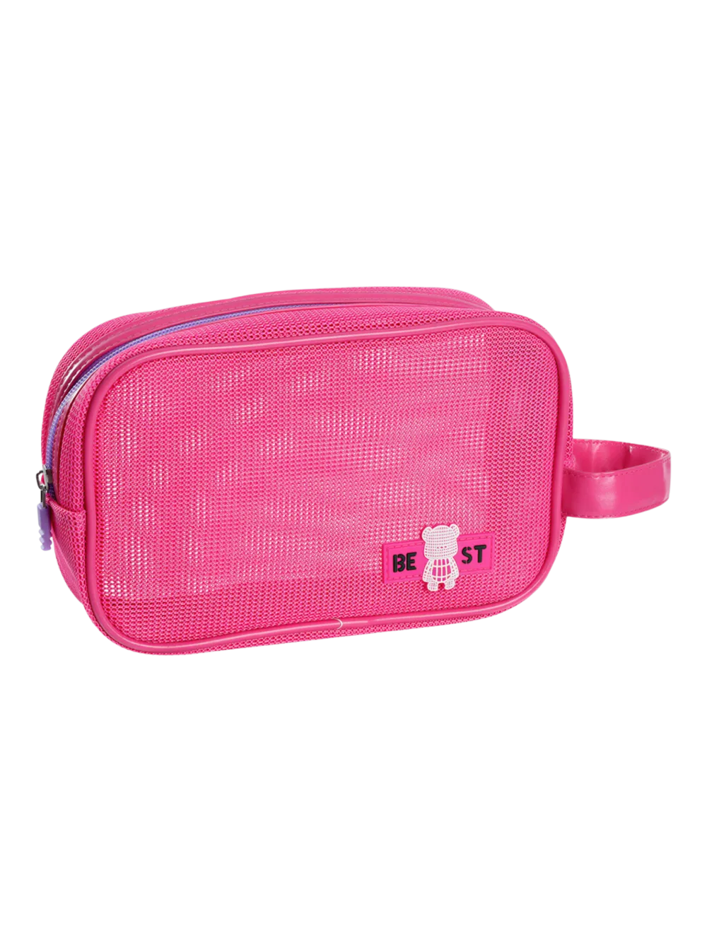 Trousse de toilette et maquillage en maille semi transparente pour femme rose avec logo panda mignon et poignée pratique