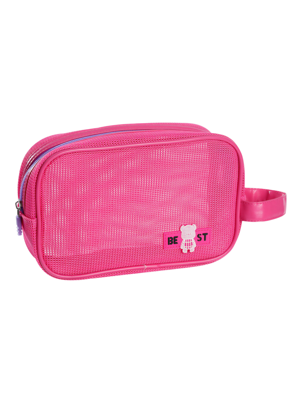 Trousse de toilette et maquillage en maille semi transparente pour femme rose avec logo panda mignon et poignée pratique Trousse de toilette et maquillage en maille semi transparente pour femme rose avec logo panda mignon et poignée pratique
