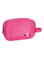 Trousse de toilette et maquillage en maille semi transparente pour femme rose avec logo panda mignon et poignée pratique