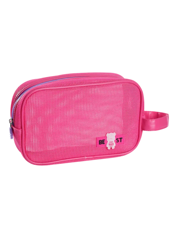 Trousse de toilette et maquillage en maille semi transparente pour femme rose avec logo panda mignon et poignée pratique