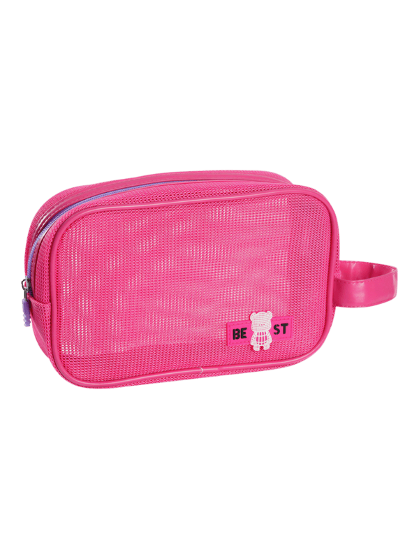 Trousse de toilette et maquillage en maille semi transparente pour femme rose avec logo panda mignon et poignée pratique
