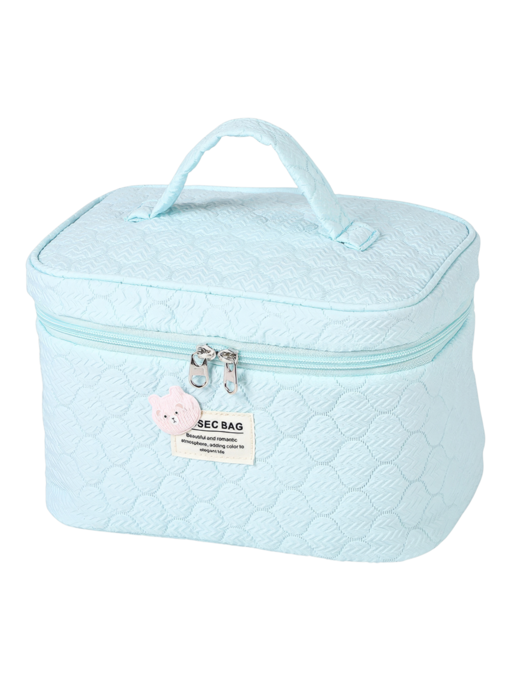Trousse de toilette et maquillage femme matelassée avec ourson coloris variés en vinyle bleu clair avec poignée Trousse de toilette et maquillage femme matelassée avec ourson coloris variés en vinyle bleu clair avec poignée