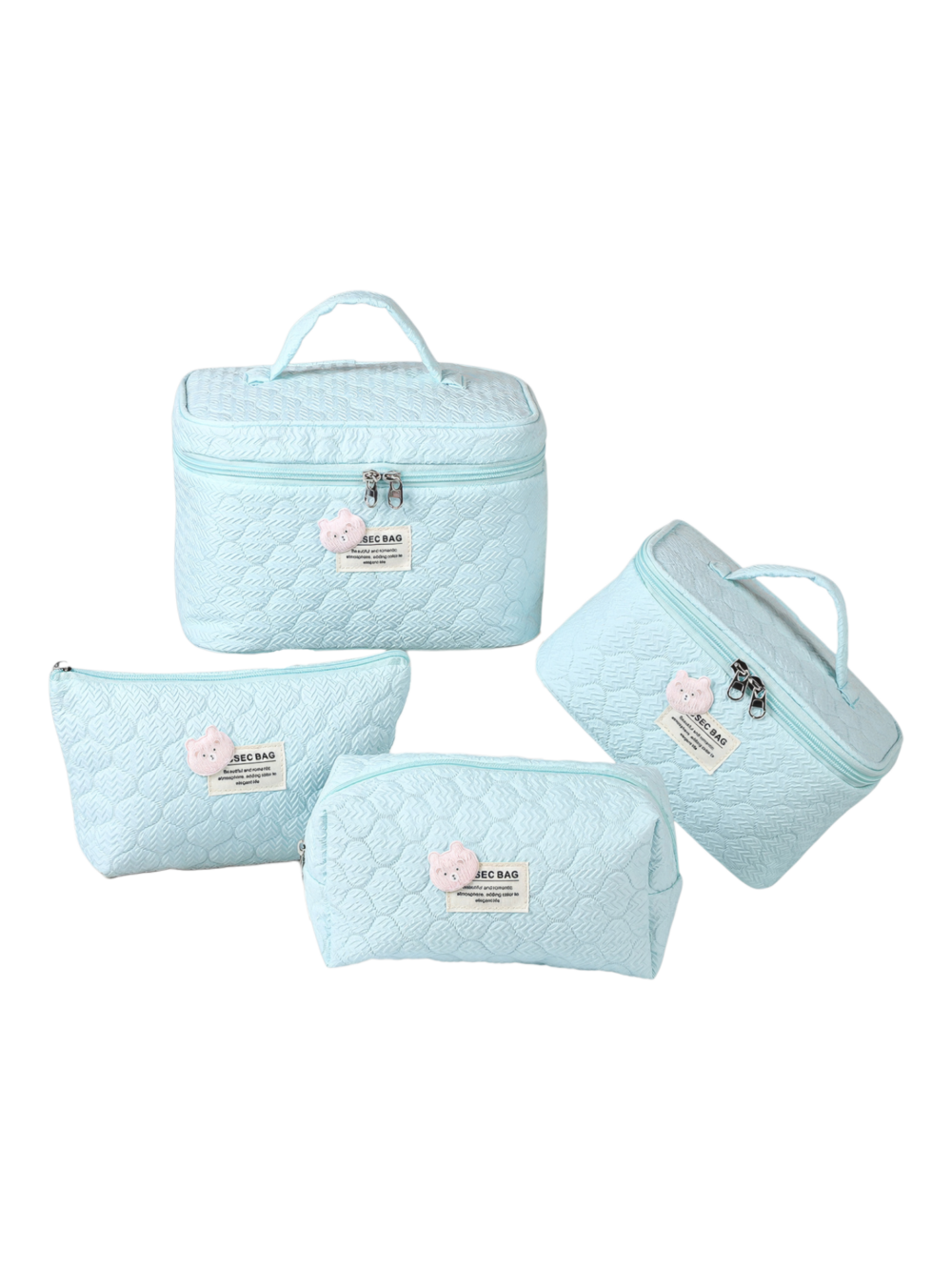 Trousse de toilette et maquillage femme matelassée avec ourson couleur bleu clair plusieurs tailles et styles Trousse de toilette et maquillage femme matelassée avec ourson couleur bleu clair plusieurs tailles et styles