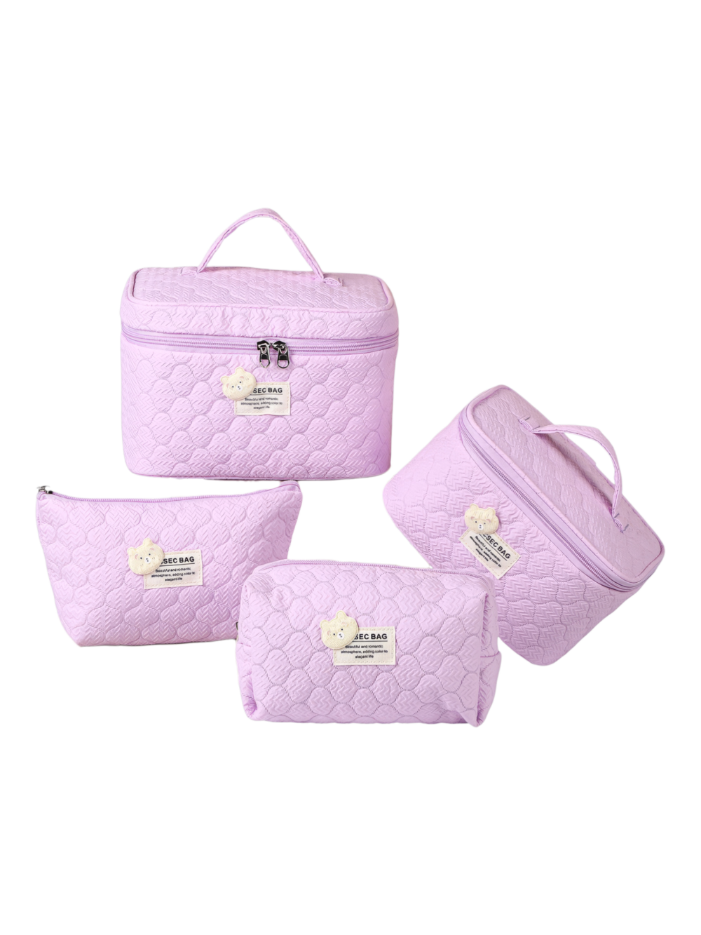 Trousse de toilette et maquillage femme matelassée avec ourson couleur lilas plusieurs format transport pour beauté Trousse de toilette et maquillage femme matelassée avec ourson couleur lilas plusieurs format transport pour beauté