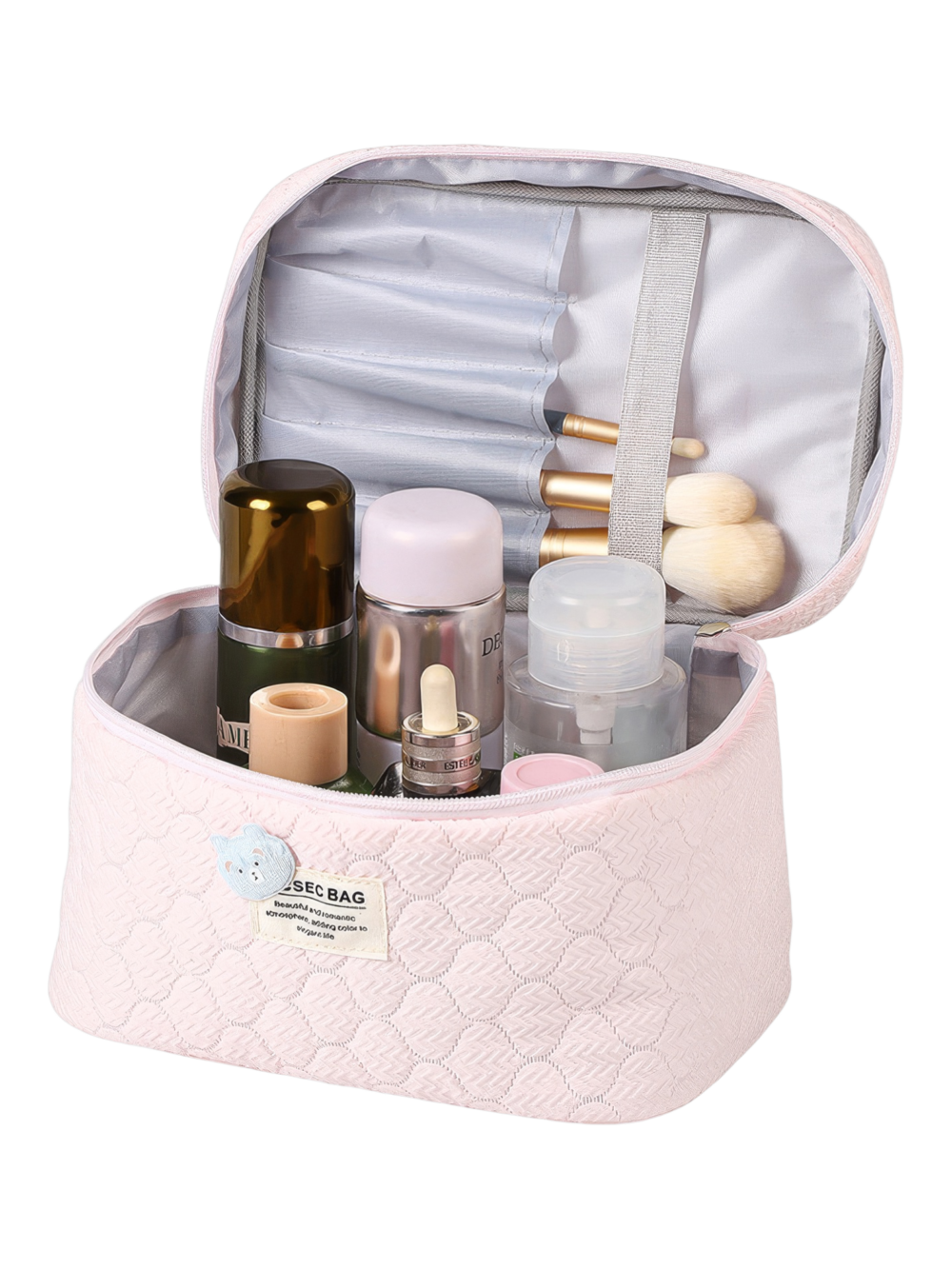 Trousse de toilette et maquillage femme matelassée avec ourson douce couleur rose organisée pratique pour cosmétiques Trousse de toilette et maquillage femme matelassée avec ourson douce couleur rose organisée pratique pour cosmétiques