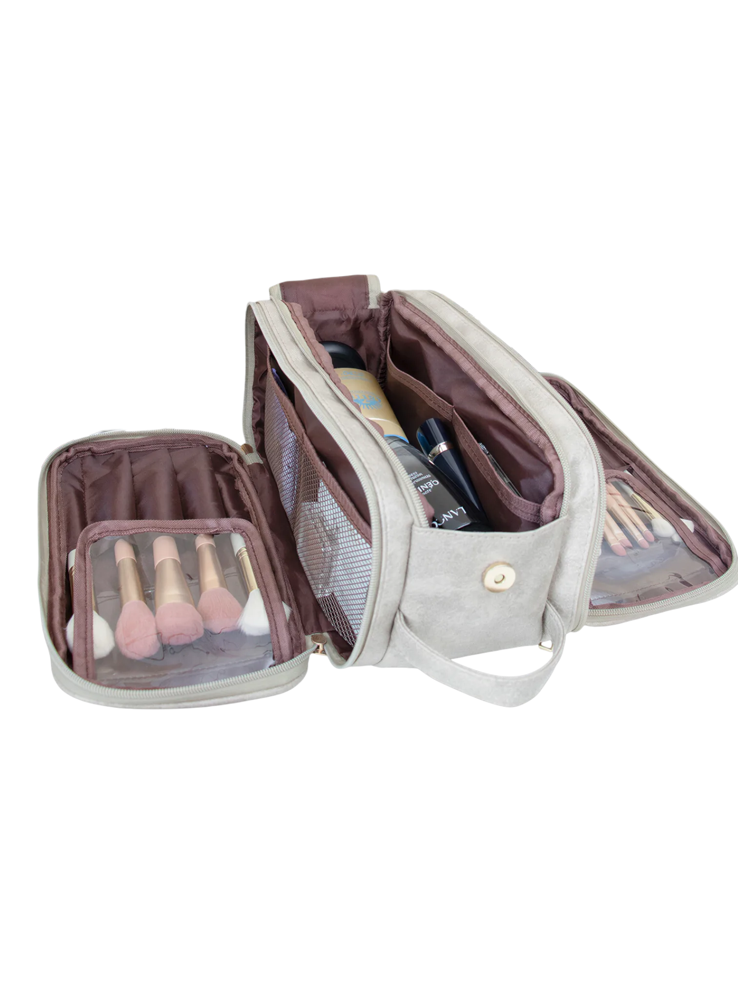 Trousse de toilette et maquillage grande ouverture pour femme avec compartiments accessoires beauté pratique organisée élégante avec brosse démaquillage