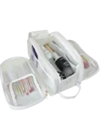 Trousse de toilette et maquillage grande ouverture pour femme avec compartiments blanche avec brosses et flacons transparents