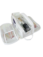 Trousse de toilette et maquillage grande ouverture pour femme avec compartiments blanche avec brosses et flacons transparents Trousse de toilette et maquillage grande ouverture pour femme avec compartiments blanche avec brosses et flacons transparents