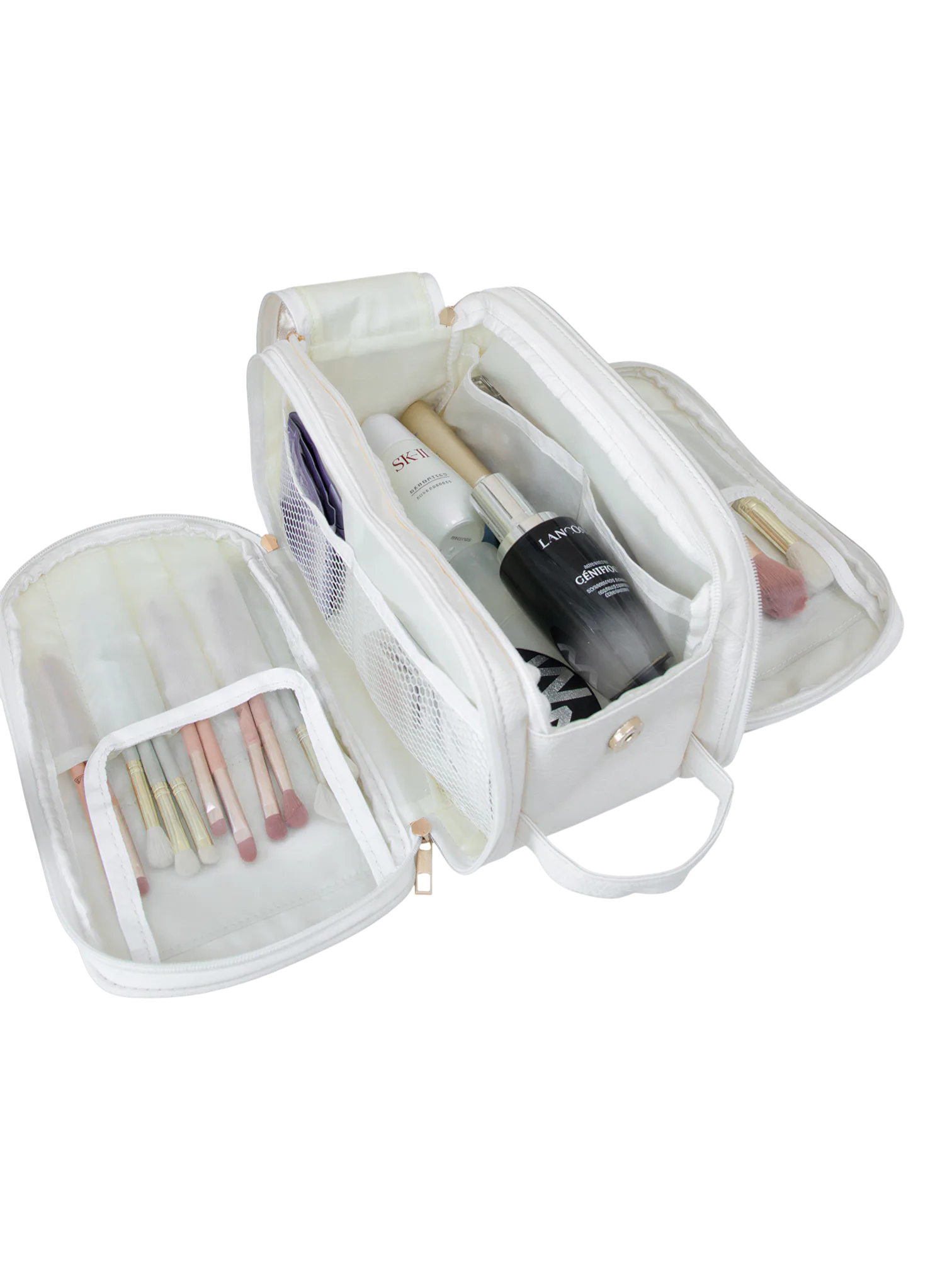 Trousse de toilette et maquillage grande ouverture pour femme avec compartiments blanche avec brosses et flacons transparents