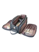 Trousse de toilette et maquillage grande ouverture pour femme avec compartiments en cuir avec brosse à maquillage et cosmétiques