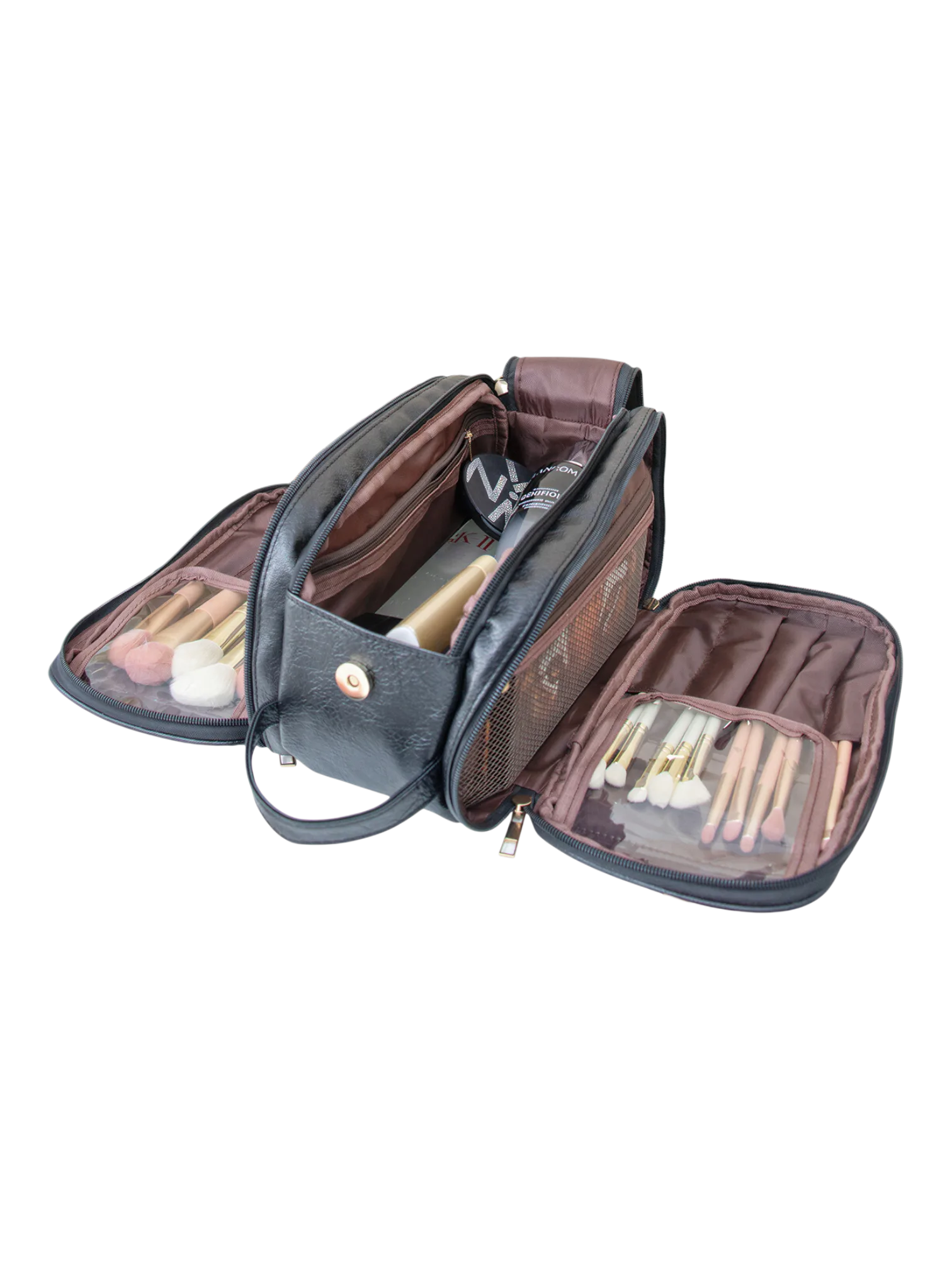Trousse de toilette et maquillage grande ouverture pour femme avec compartiments en cuir avec brosse à maquillage et cosmétiques