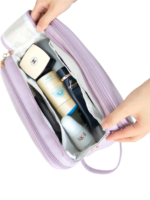 Trousse de toilette et maquillage grande ouverture pour femme avec compartiments lila organisation pratique pour produits de beaute