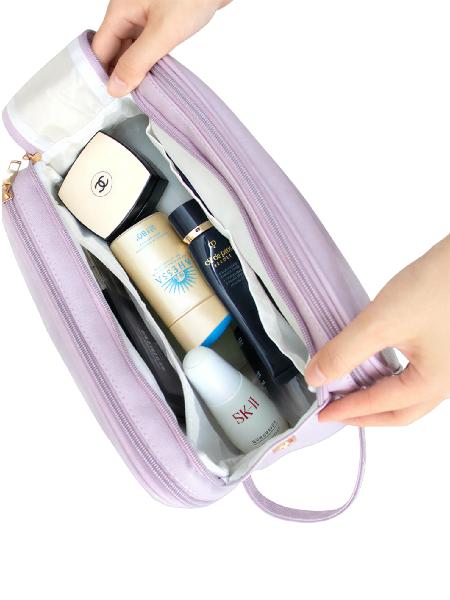 Trousse de toilette et maquillage grande ouverture pour femme avec compartiments lila organisation pratique pour produits de beaute
