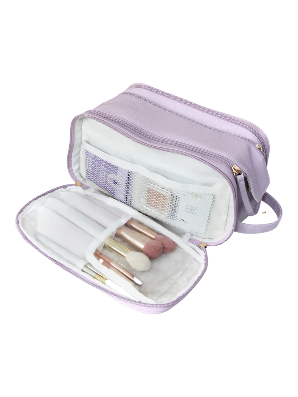 Trousse de toilette et maquillage grande ouverture pour femme avec compartiments lilas avec brosses de maquillage et produits de soin Trousse de toilette et maquillage grande ouverture pour femme avec compartiments lilas avec brosses de maquillage et produits de soin