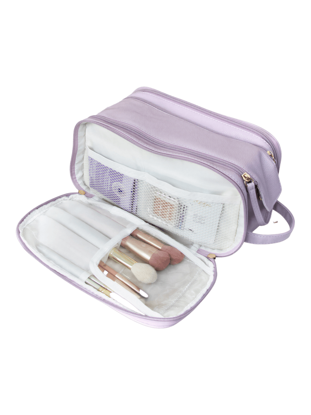 Trousse de toilette et maquillage grande ouverture pour femme avec compartiments lilas avec brosses de maquillage et produits de soin Trousse de toilette et maquillage grande ouverture pour femme avec compartiments lilas avec brosses de maquillage et produits de soin