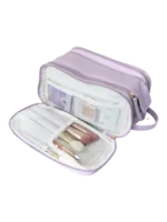 Trousse de toilette et maquillage grande ouverture pour femme avec compartiments lilas avec brosses de maquillage et produits de soin