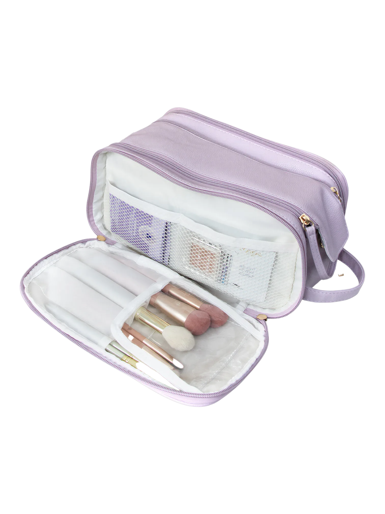 Trousse de toilette et maquillage grande ouverture pour femme avec compartiments lilas avec brosses de maquillage et produits de soin