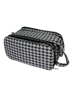 Trousse de toilette et maquillage grande ouverture pour femme avec compartiments noir et blanc style houndstooth zipper durable