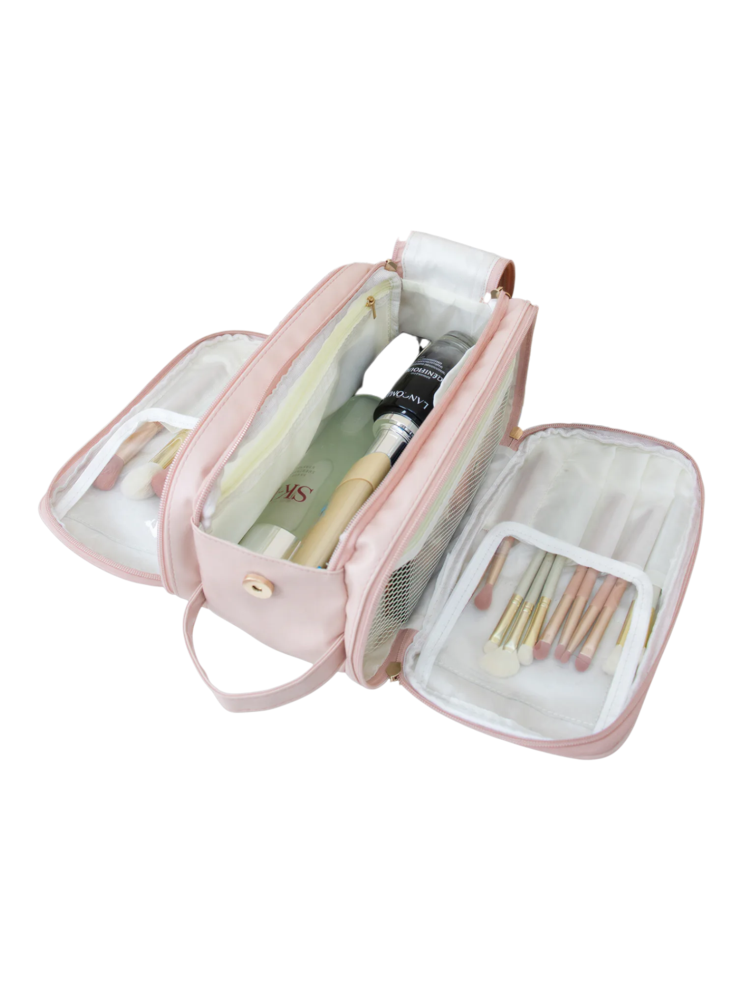 Trousse de toilette et maquillage grande ouverture pour femme avec compartiments pink organizer essentials cosmetics creative storage