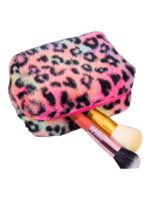 Trousse de toilette et maquillage léopard en fausse fourrure avec brosses de maquillage colorées et texture douce Trousse de toilette et maquillage léopard en fausse fourrure avec brosses de maquillage colorées et texture douce