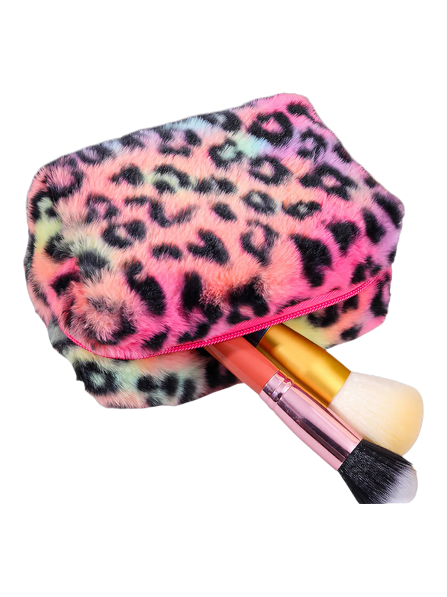 Trousse de toilette et maquillage léopard en fausse fourrure avec brosses de maquillage colorées et texture douce