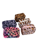 Trousse de toilette et maquillage léopard en fausse fourrure douce et colorée pour femmes avec multiple pochettes uniques